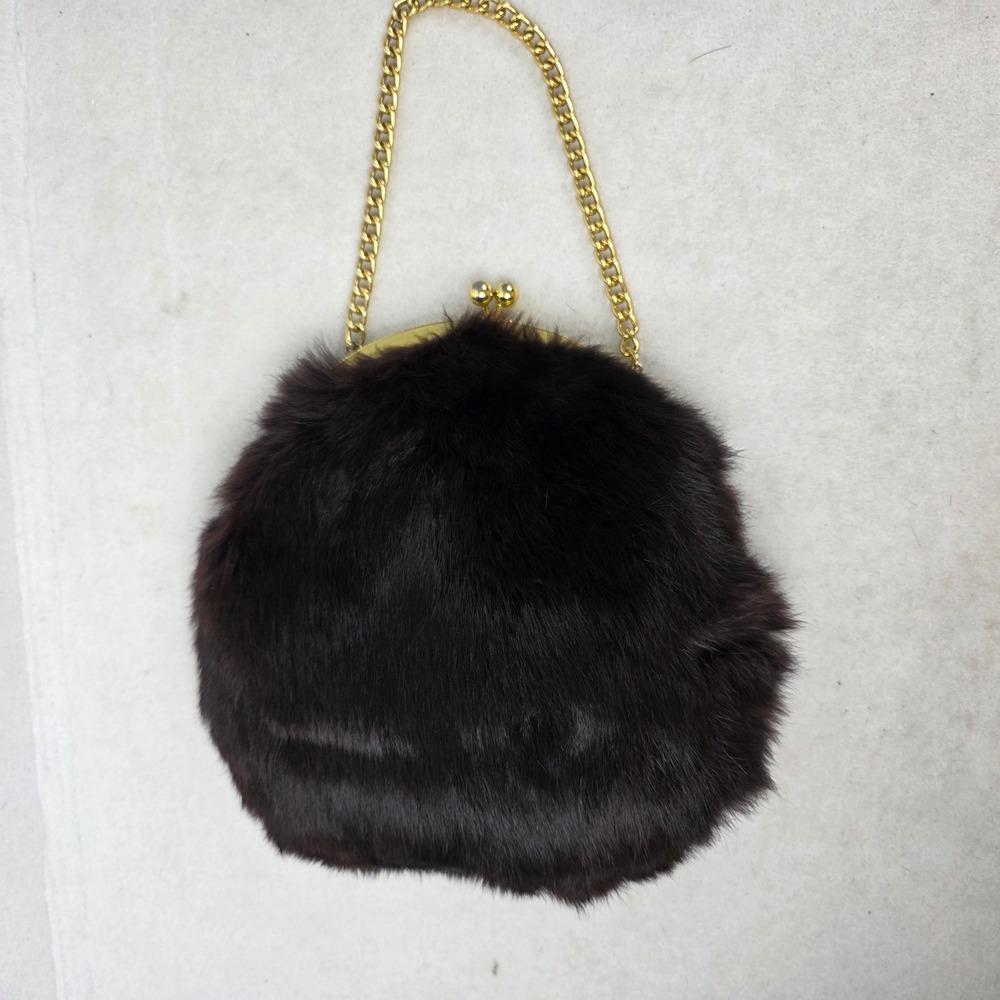 Vintage Garay Fur Evening Purse Gold Chain Kiss Lock Brown Black Handbag